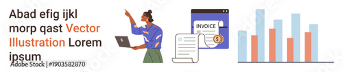 Business management, financial analysis, invoicing software, data presentations, workforce productivity, report generation. Woman with laptop, invoice and bar chart. Business management