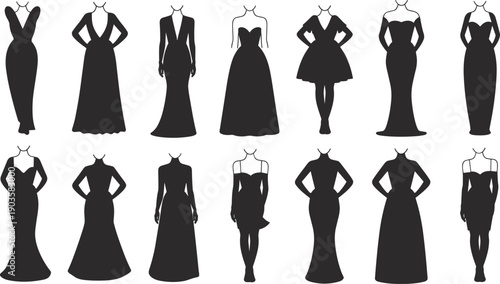 Collection of elegant women evening dress silhouettes, fashion gown and formal outfit styles set isolated on white background