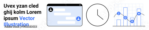 Communication tools, time tracking, data analysis, productivity, workflow organization, digital business. Chat interface, clock graphical chart. Communication tools and time tracking
