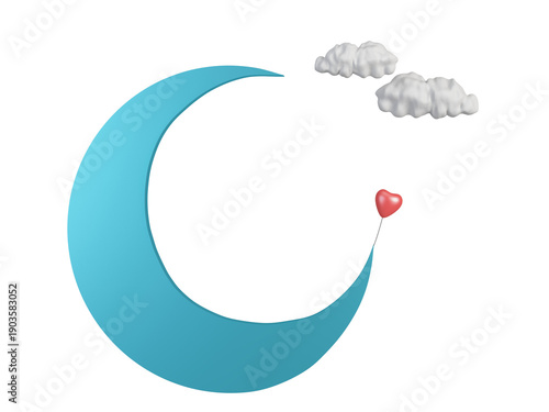 Blue Crescent Moon with Red Heart and Clouds on White Background