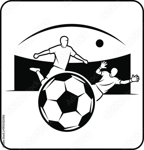 A black and white illustration of two soccer players competing for a ball.