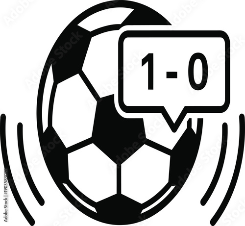 A soccer ball with a speech bubble indicating a score of 1-0.