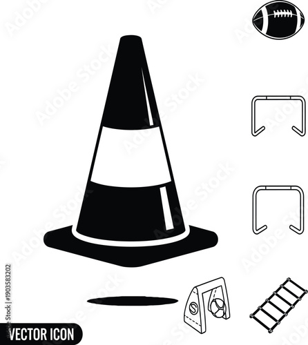 A traffic cone with various vector elements and icons around it.