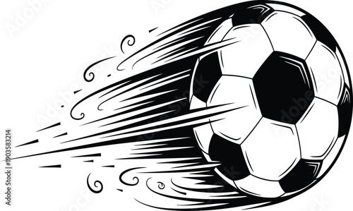 A black and white soccer ball flying through the air with motion lines.