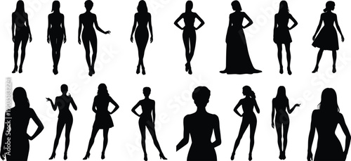 Collection of female silhouette figures in different poses, elegant women body shapes, fashion models standing isolated on white background