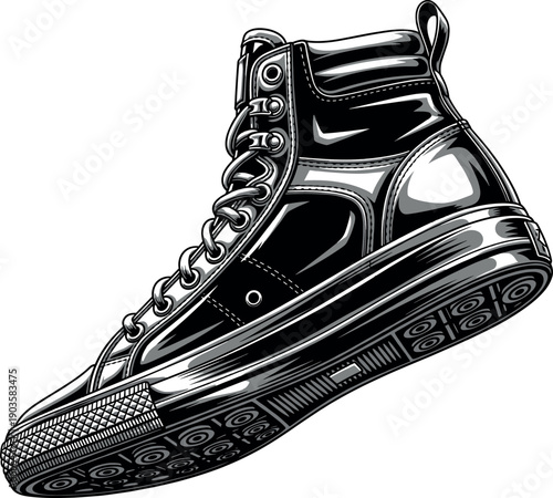 Detailed black and white high top sneaker vector illustration with realistic shading and textured sole for street fashion design and urban footwear branding.