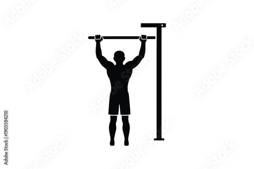 Silhouette of man doing pull ups on bar for fitness exercise isolated on white background