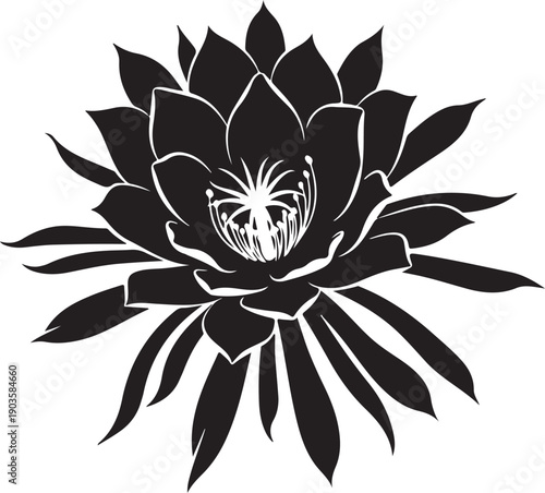 Simple black and white graphic of a beautiful flower with many leaves and petals