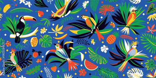 Handmade drawing seamless pattern with bright color fantasy birds in the thickets of the rainforest with tropical fruits, leaves and flowers. For use in creating wallpapers, packing, fashion, posters.
