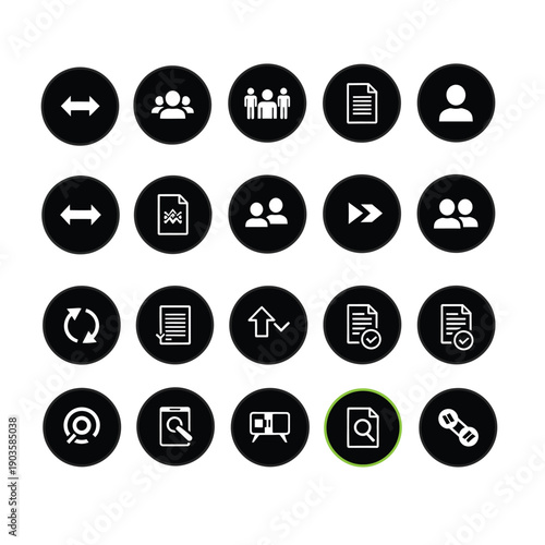 Collection of black and white icons representing various file and user management actions and processes on a clean white background for easy navigation and understanding.