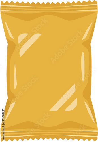 Cartoon yellow snack packet of chips bag with sealable crimped ends.