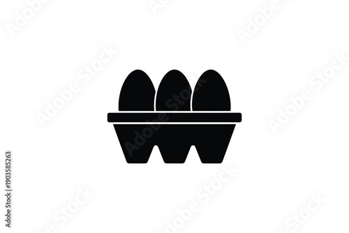 Carton of three fresh eggs icon in simple black silhouette style for kitchen cooking and grocery store signs