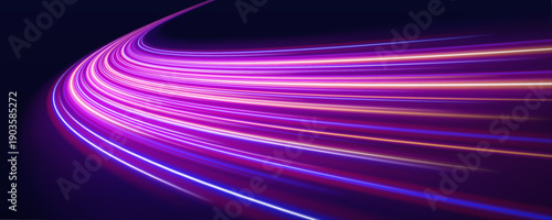 Neon streaks race along curved highways, reflecting city lights and creating dynamic futuristic energy patterns. 