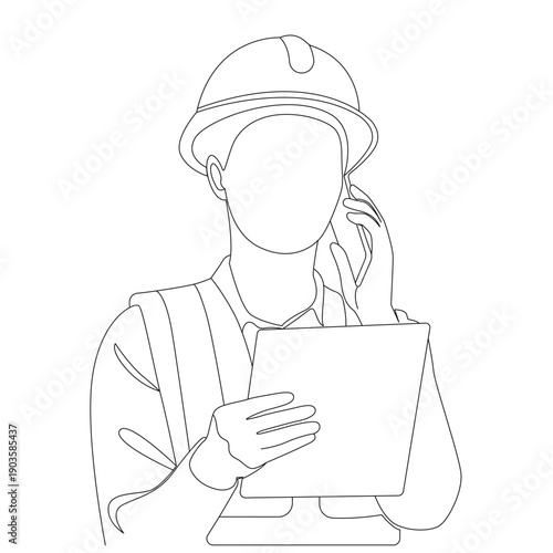 Construction Worker Using Tablet and Phone at Worksite.Construction Worker Communicating at Construction Site, Hand drawn line style vector illustrations