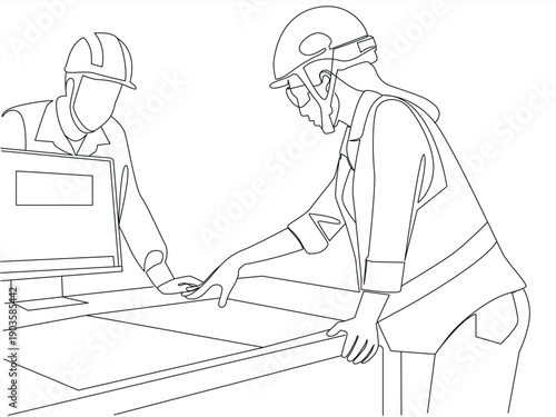 Group of Engineers Working in the Office, Team of Engineers Discussing Project, Hand drawn line style vector illustrations