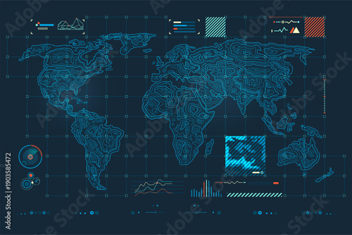 warfare tech or military technology, graphic of topographic world map  with radar interface