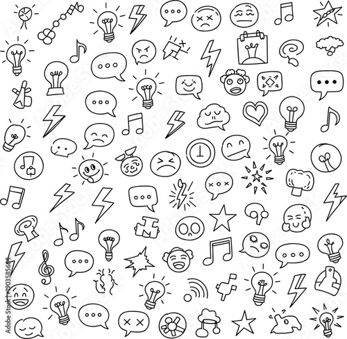 hand drawn doodle and idea icon set. lightning idea and emoji doodle collection. social media and thinking.