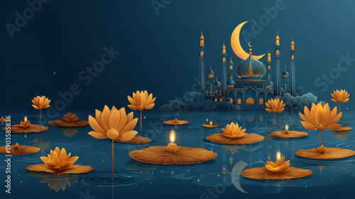 Islamic ramadan night scene with crescent moon mosque lanterns spiritual celebration art background use