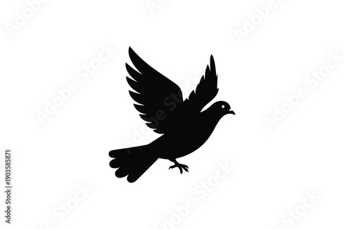 Dove bird flying with wings spread wide in black silhouette representing peace freedom and spiritual purity