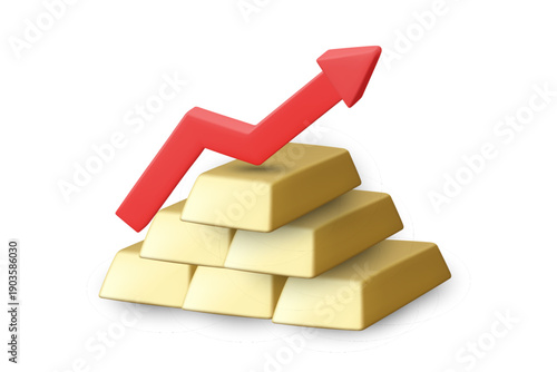 3D vector illustration showing stacked gold bars with a graph of red upward arrows. Conceptual representation of financial wealth growth and the gold price investment market, isolated on white.
