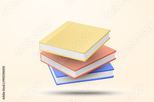 3D vector illustration of three colorful books stack. Concept for school education library and reading knowledge accumulation. Academic background template.
