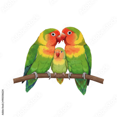 Cute lovebird family sitting together realistic bird vector illustration isolated on white background