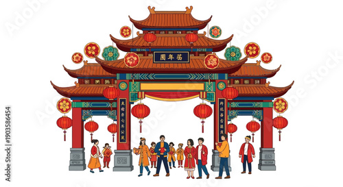 Vector illustration of a Chinese New Year festival scene with people standing under a traditional Chinese gate adorned with lanterns and ornate decorations in red and gold.