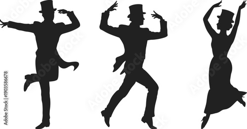 Tap dance silhouettes with top hat showing elegant male and female performers, vintage theatrical dance movement vector isolated black illustration