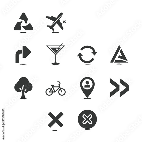 Collection of sleek monochrome web icons depicting various symbols including recycling, transportation, and navigation elements used for digital interfaces and user experience design