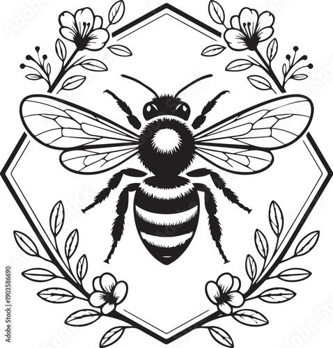 Bee Floral Emblem Vector Set, Honey Bee Silhouettes with Flowers and Botanical Frames
