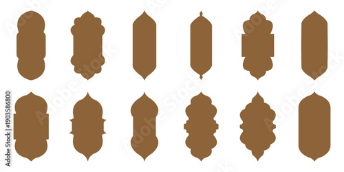 Collection of silhouette islamic arch shapes decorative architectural elements for mosque palace or other building design. Old mosque windows shape in oriental style islamic door. 