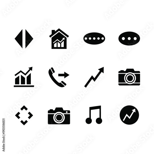 Collection of modern icons representing business, photography, and multimedia elements in black and white design on a crisp white background for versatile digital applications.