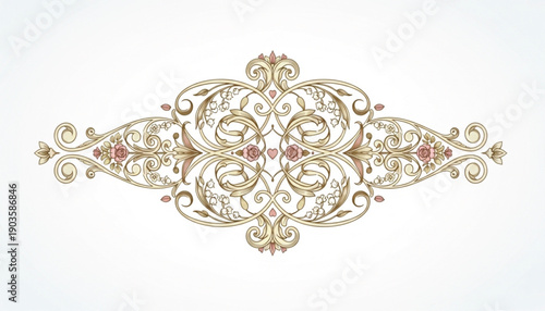 Intricate gold and white ornamental design with symmetrical patterns and floral motifs
