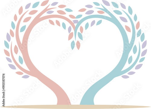 Two trees forming a heart shape with pastel leaves for nature and love concept