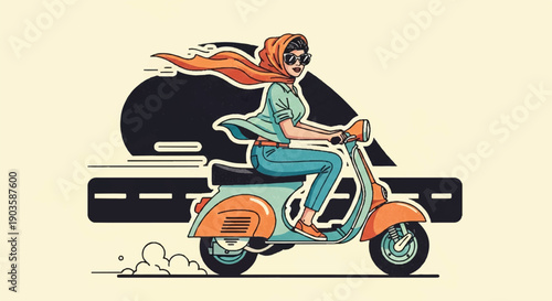 Retro Woman Riding Teal Scooter on Highway, Vintage Italian Moped Illustration with Speed Lines and Summer Fashion