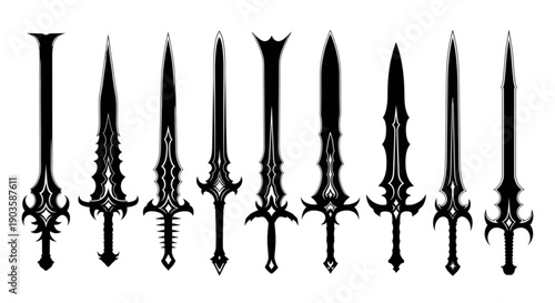 A collection of ten fantasy swords with intricate designs for game assets or emblems isolated on transparent background, Vector