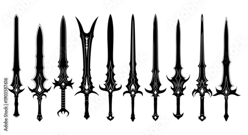 A detailed collection of ten fantasy sword silhouettes with intricate hilt and blade designs isolated on transparent background, Vector