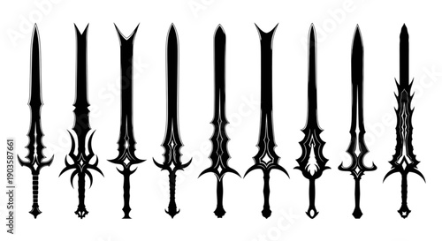 A collection of ten fantasy-style sword silhouettes on a white background isolated on transparent background, Vector