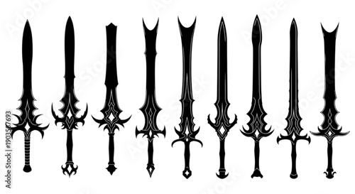 A collection of fantasy sword silhouettes featuring intricate and dark designs isolated on transparent background, Vector