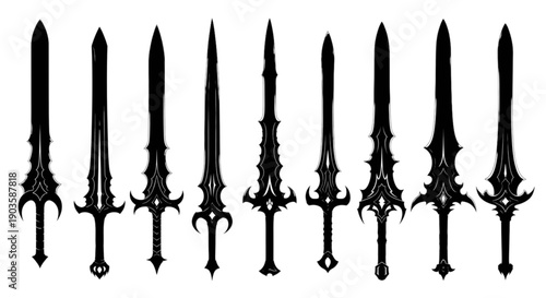 Ten dark fantasy sword silhouettes featuring gothic and intricate designs isolated on transparent background, Vector