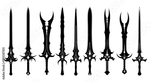 A collection of ten fantasy sword silhouettes with detailed and intricate designs isolated on transparent background, Vector