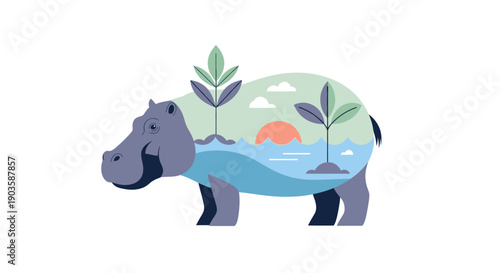 Hippopotamus standing in a serene environment with plants and sunset