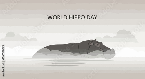 Hippo floating in water on world hippo day with gray clouds and calm surface