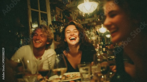 Friendship dinner and vintage photo. Candid Documentary Style Dinner with Friends Laughing Around Cluttered Table, Warm Intimate Lighting and Authentic Film Grain