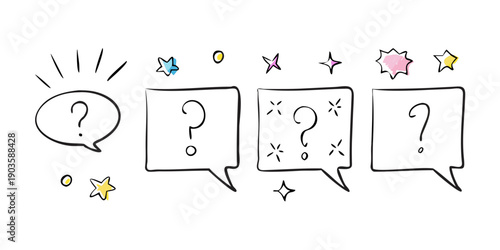 Three speech bubbles with question marks surrounded by colorful stars and sparkles
