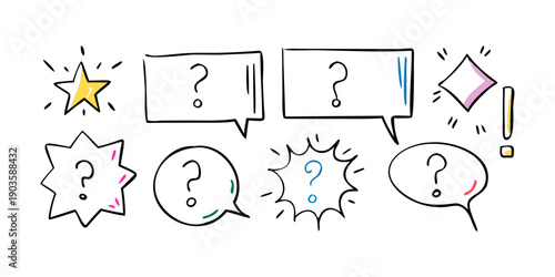 A collection of speech bubbles with question marks and various design elements