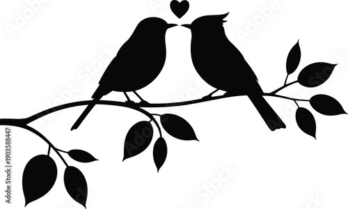 Two black birds on a branch with a heart silhouette