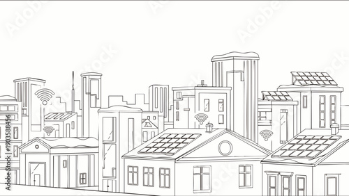Smart city line art illustration showcasing urban landscape with solar panels, Wi-Fi connectivity, and modern buildings, representing sustainable technology and future living.