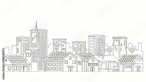 Line art illustration of a modern smart city skyline. Sustainable urban development with solar panel houses, interconnected buildings, eco-friendly technology.