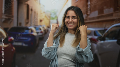 Young hispanic woman smiling with hands on cheeks and fists raised on a narrow city street; joy celebration. Free Download Young hispanic woman smiling with hands on cheeks and fists raised on a narrow city street; joy celebration. - GFXLoad